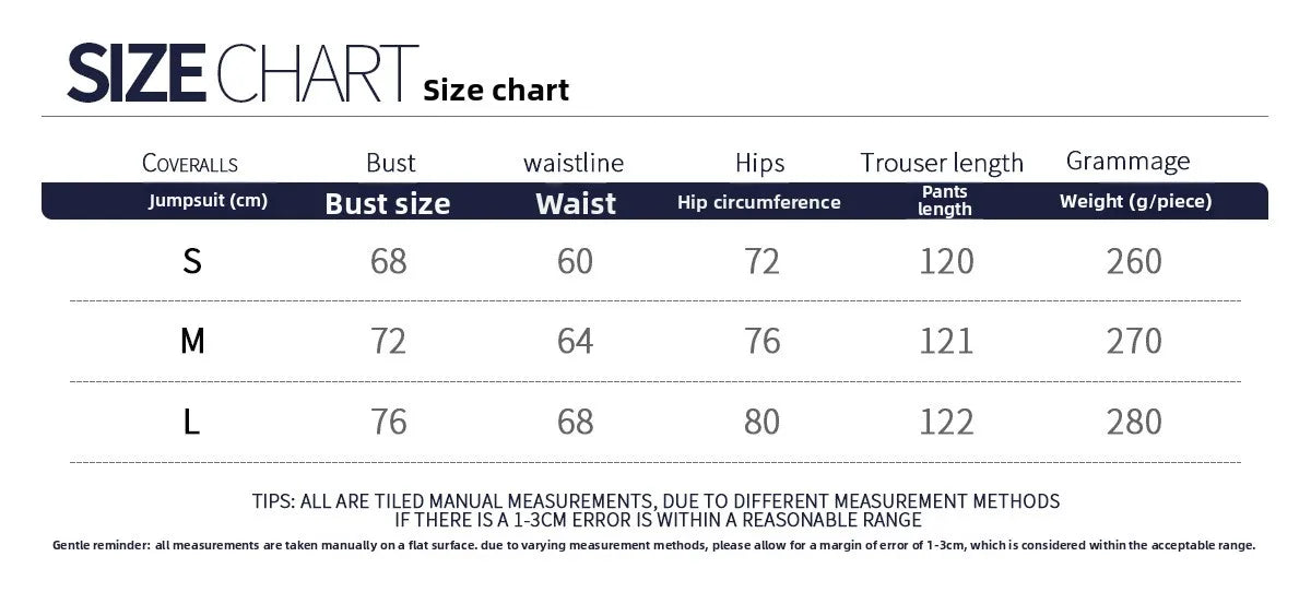 Size chart table for jumpsuit sizing, bust, waist, hips, inseam, weight