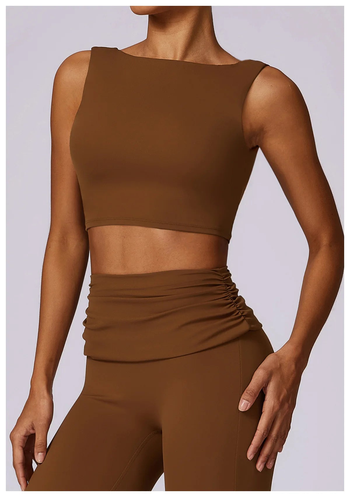 Brown racerback sports bra crop top with scoop back