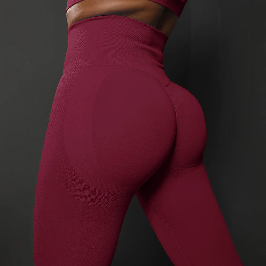 High-waist dark rose red leggings with sculpted rear contour and smooth stretch fabric