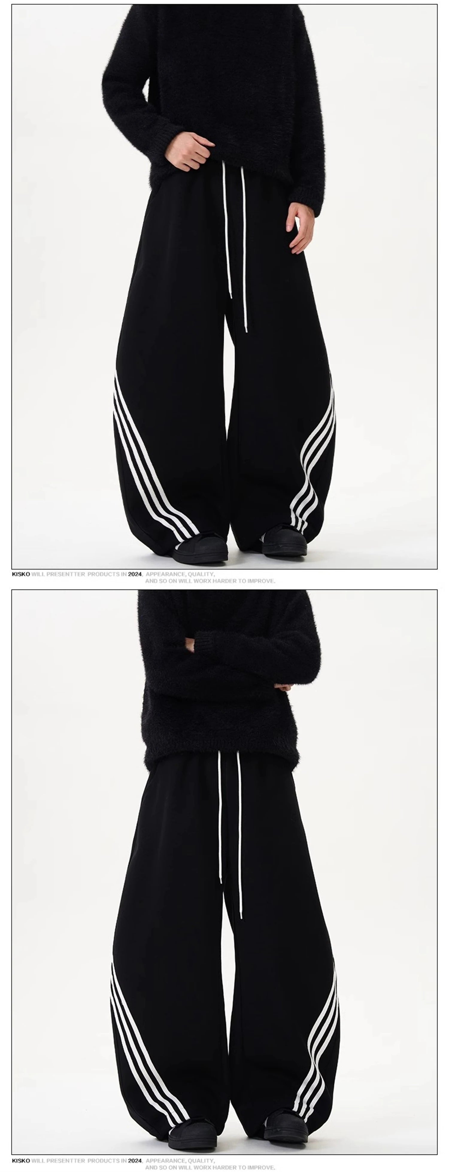 Two views of wide-leg sweatpants in black with white side stripes and center drawstring.