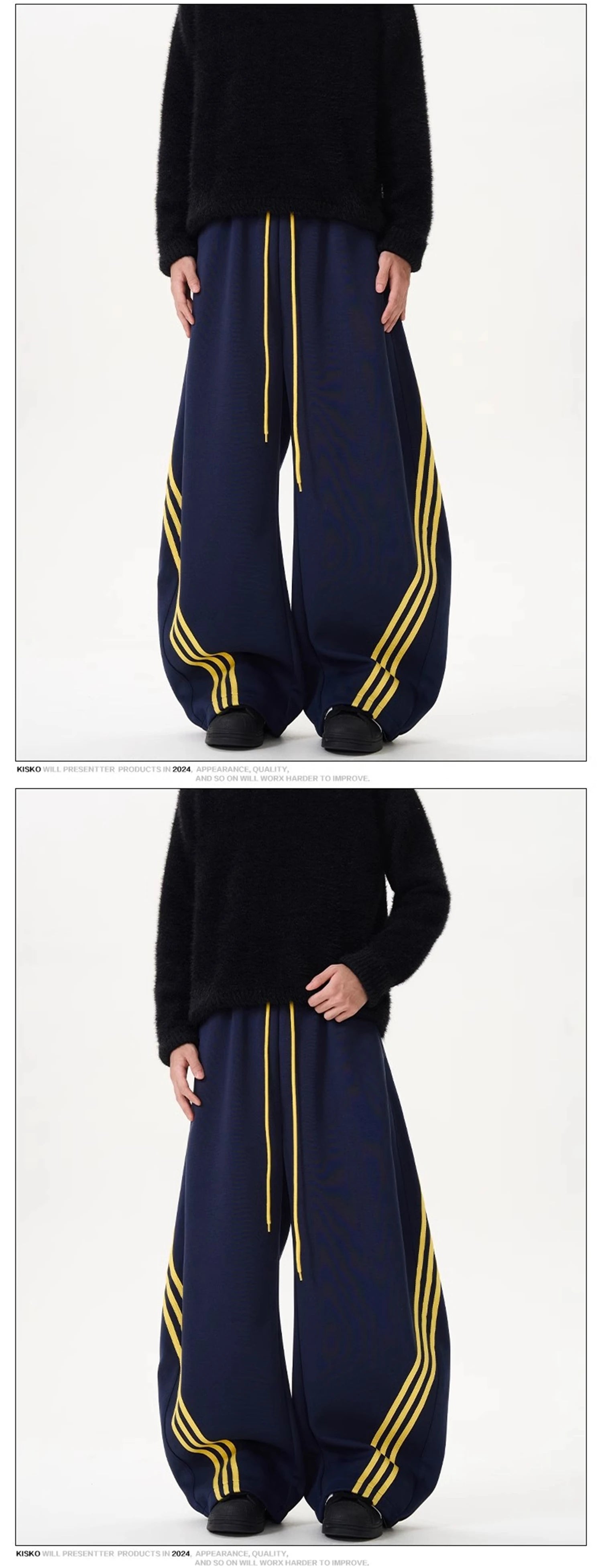 Oversized wide-leg sweatpants with side stripe and drawstring, dark navy and black