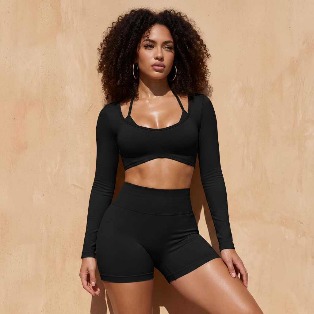 Black 3-piece set: long-sleeve crop bra top and fitted shorts