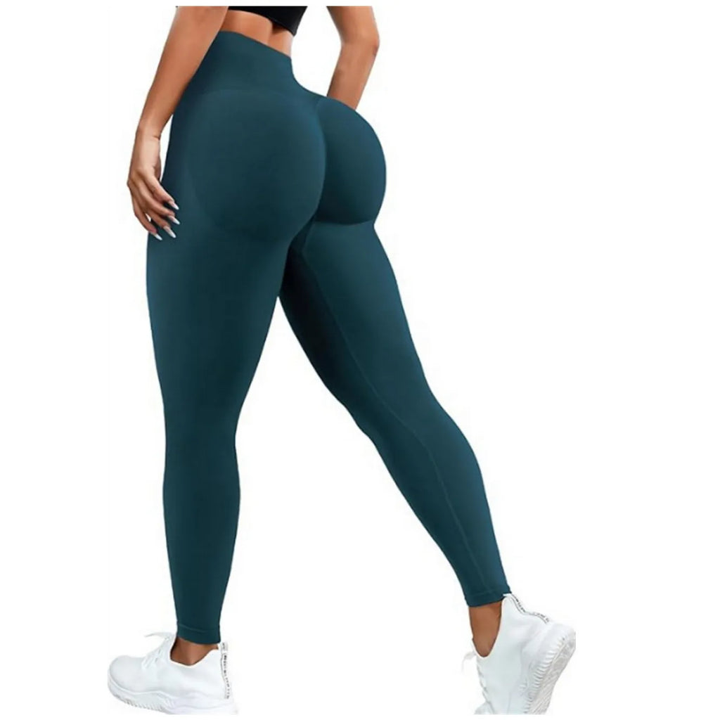 High-waist yoga leggings, dark teal, full-length with fitted ankle cuffs