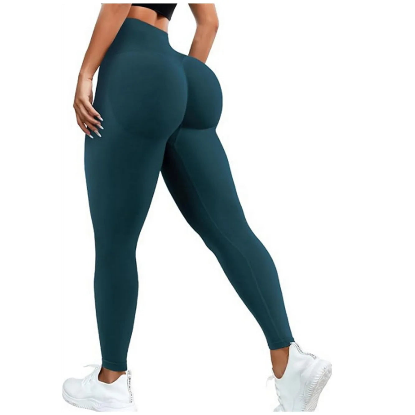 High-waist yoga leggings, dark teal, full-length with fitted ankle cuffs
