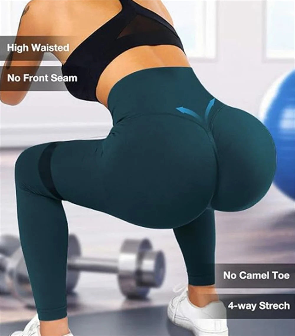 High-waist yoga leggings, dark teal, back view with sculpted hip shaping