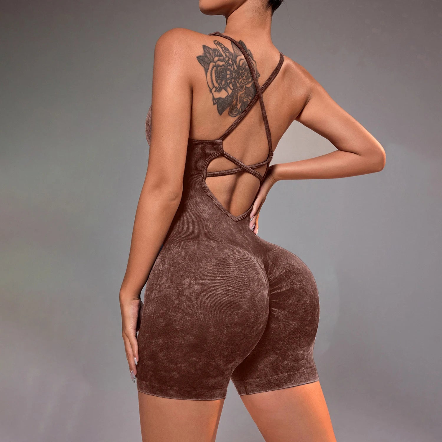 Distressed washed yoga bodysuit with strappy open-back one-piece short, brown