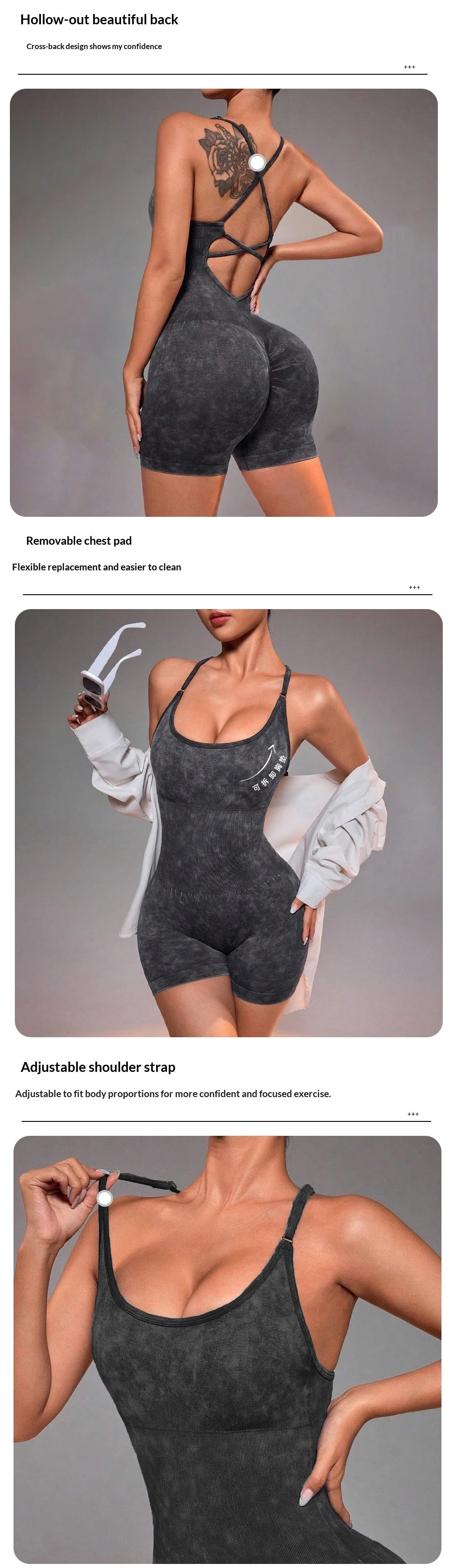 Washed black strappy yoga unitard shown in front/back product infographic