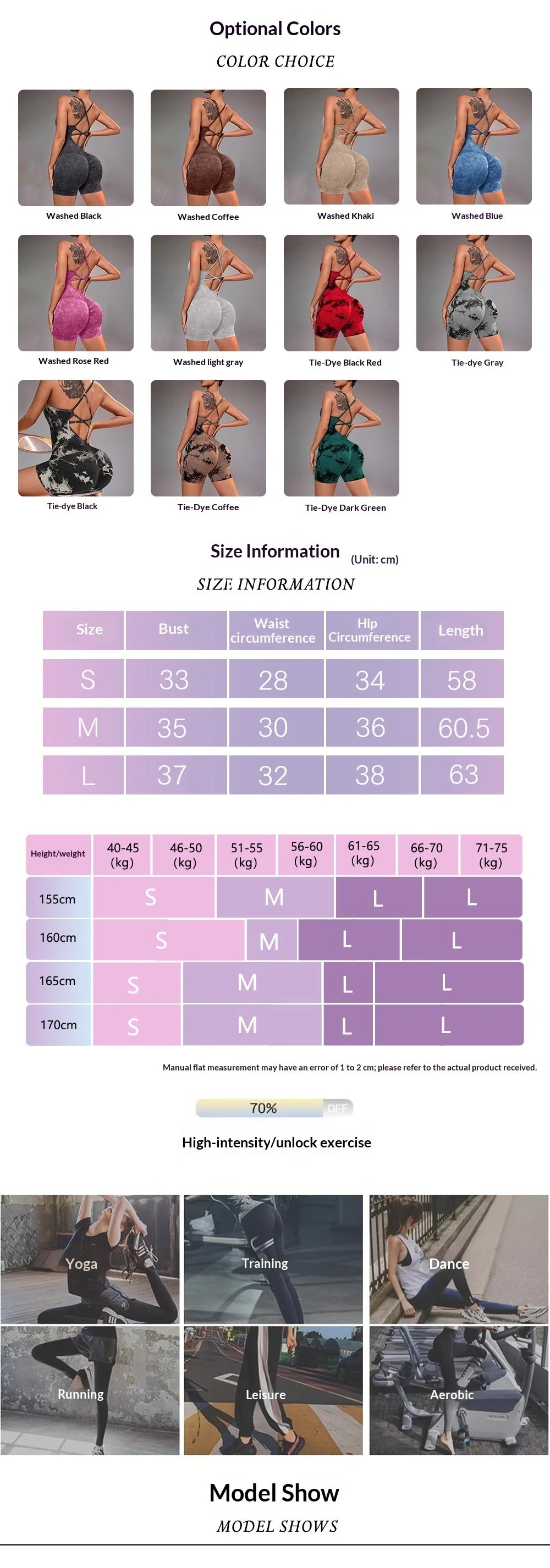 Yoga unitard color options and size chart graphic for strappy washed styles