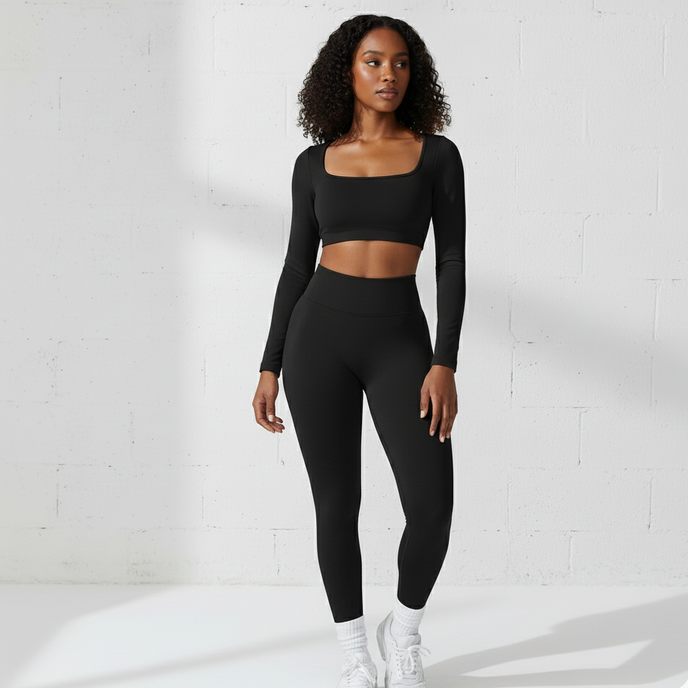 Xooie Fit long sleeve crop top and leggings set in black for stylish and comfortable workouts