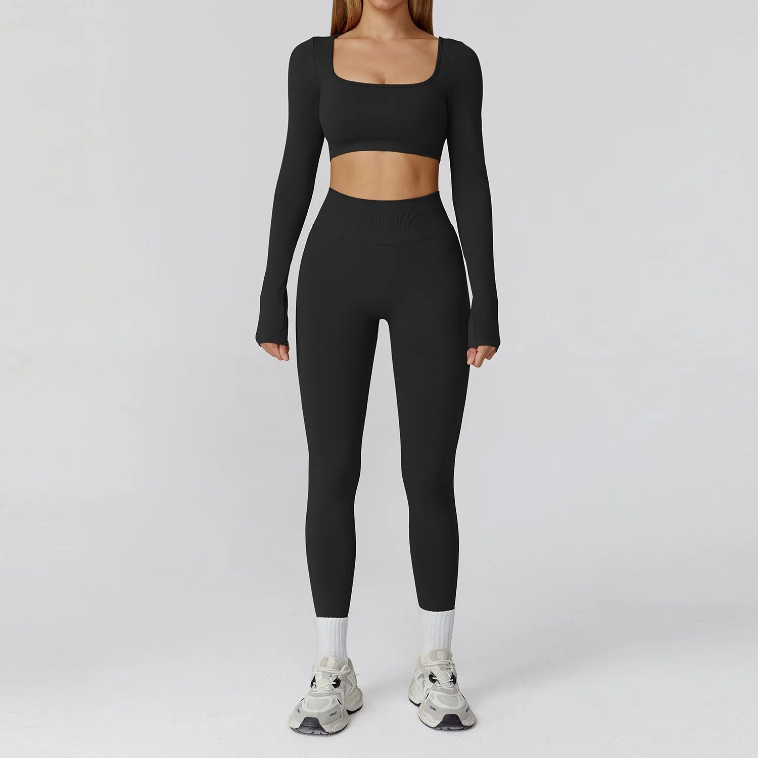 Xooie Fit long sleeve crop top and leggings set in black, perfect for workouts and casual wear