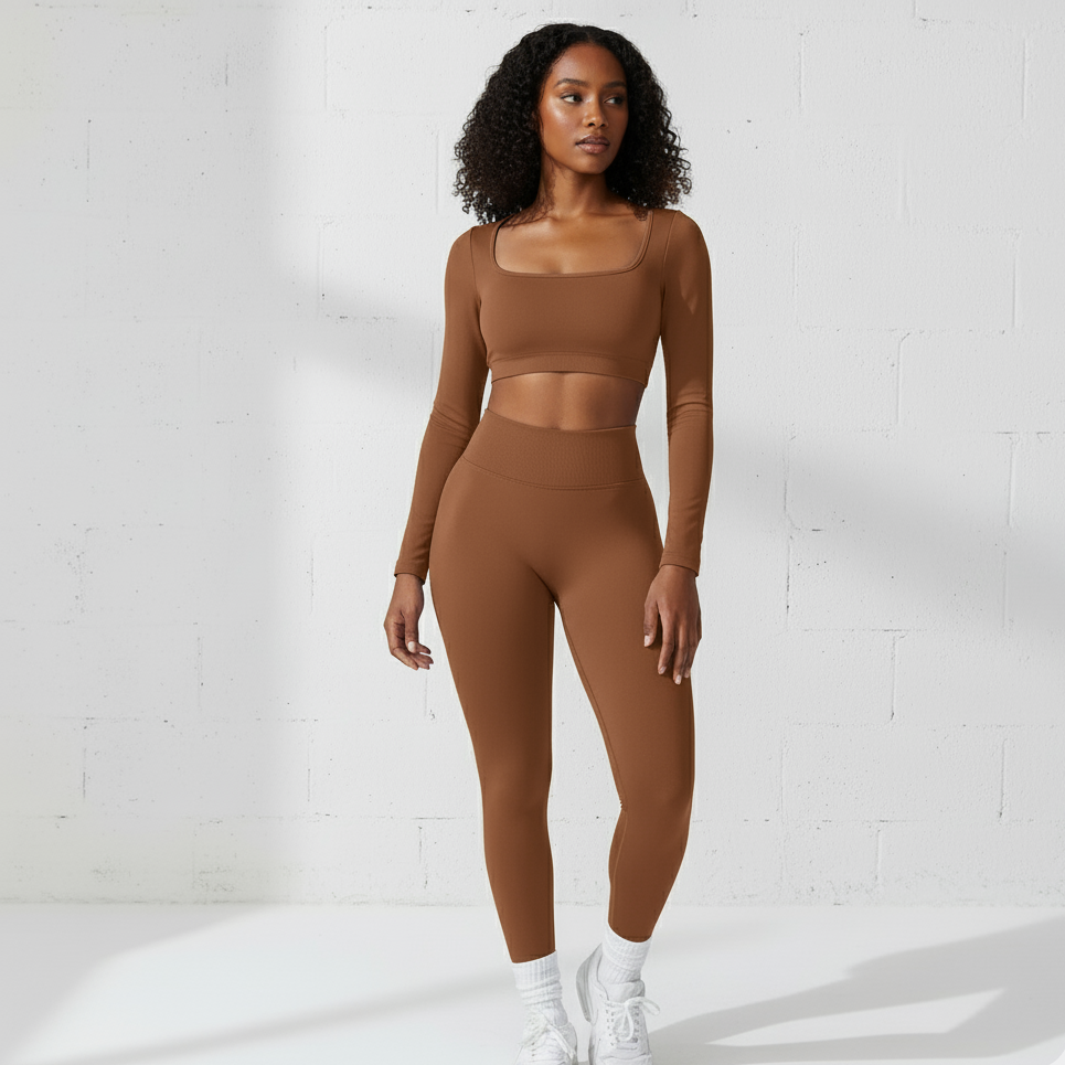 Xooie Fit long sleeve crop top and leggings set in brown, perfect for workouts and casual outfits