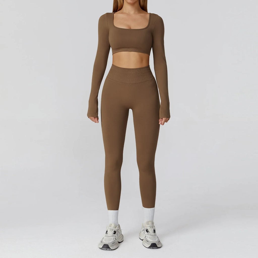 Xooie Fit long sleeve crop top and leggings set in brown, ideal for workout and casual wear