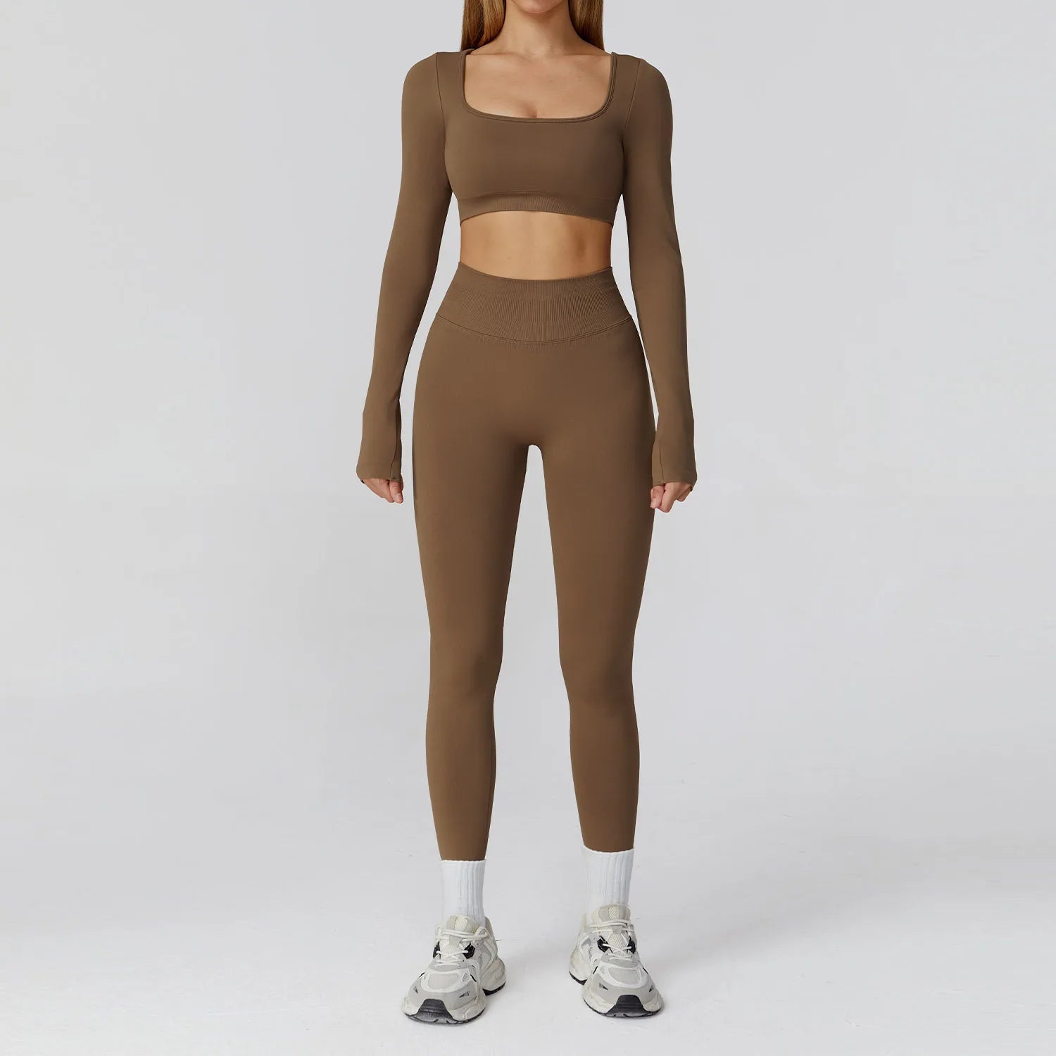 Xooie Fit long sleeve crop top and leggings set in brown, ideal for workout and casual wear