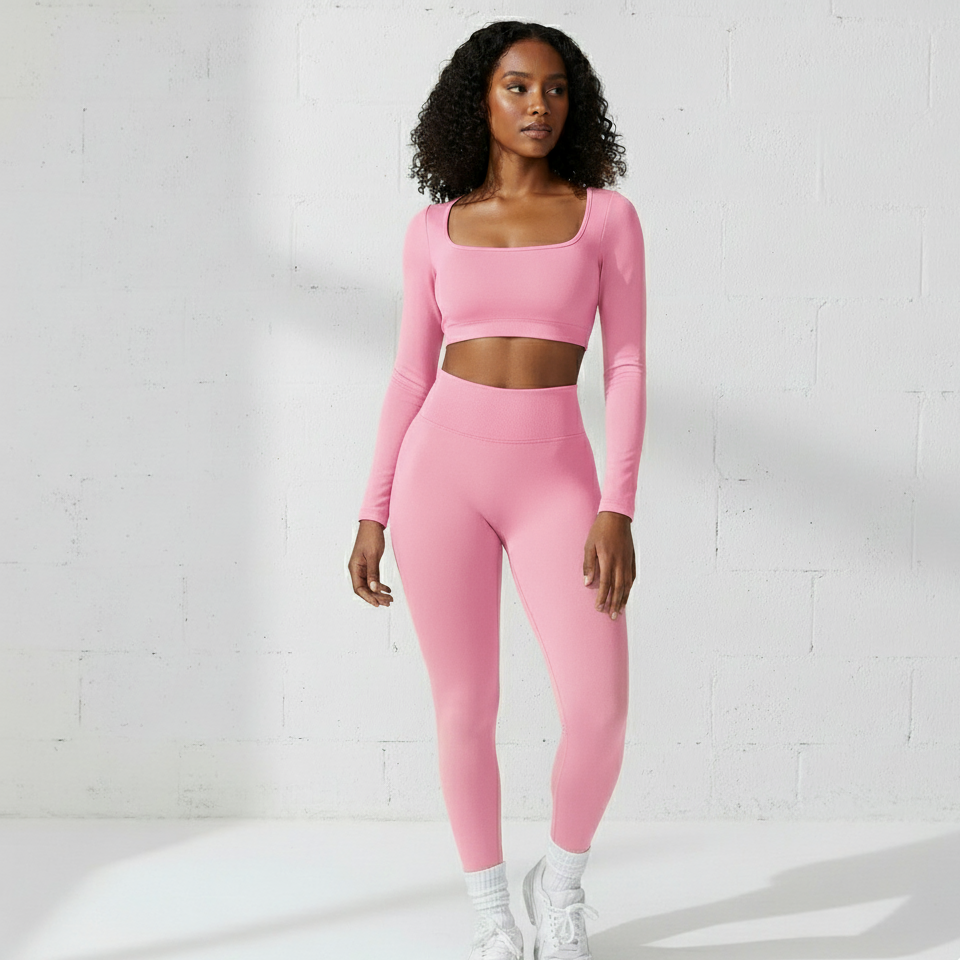 Xooie Fit long sleeve crop top and leggings set in pink for stylish workouts and casual wear