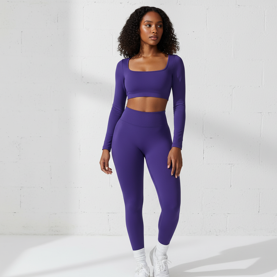 Xooie Fit long sleeve crop top and leggings set in purple, perfect for workouts or casual wear