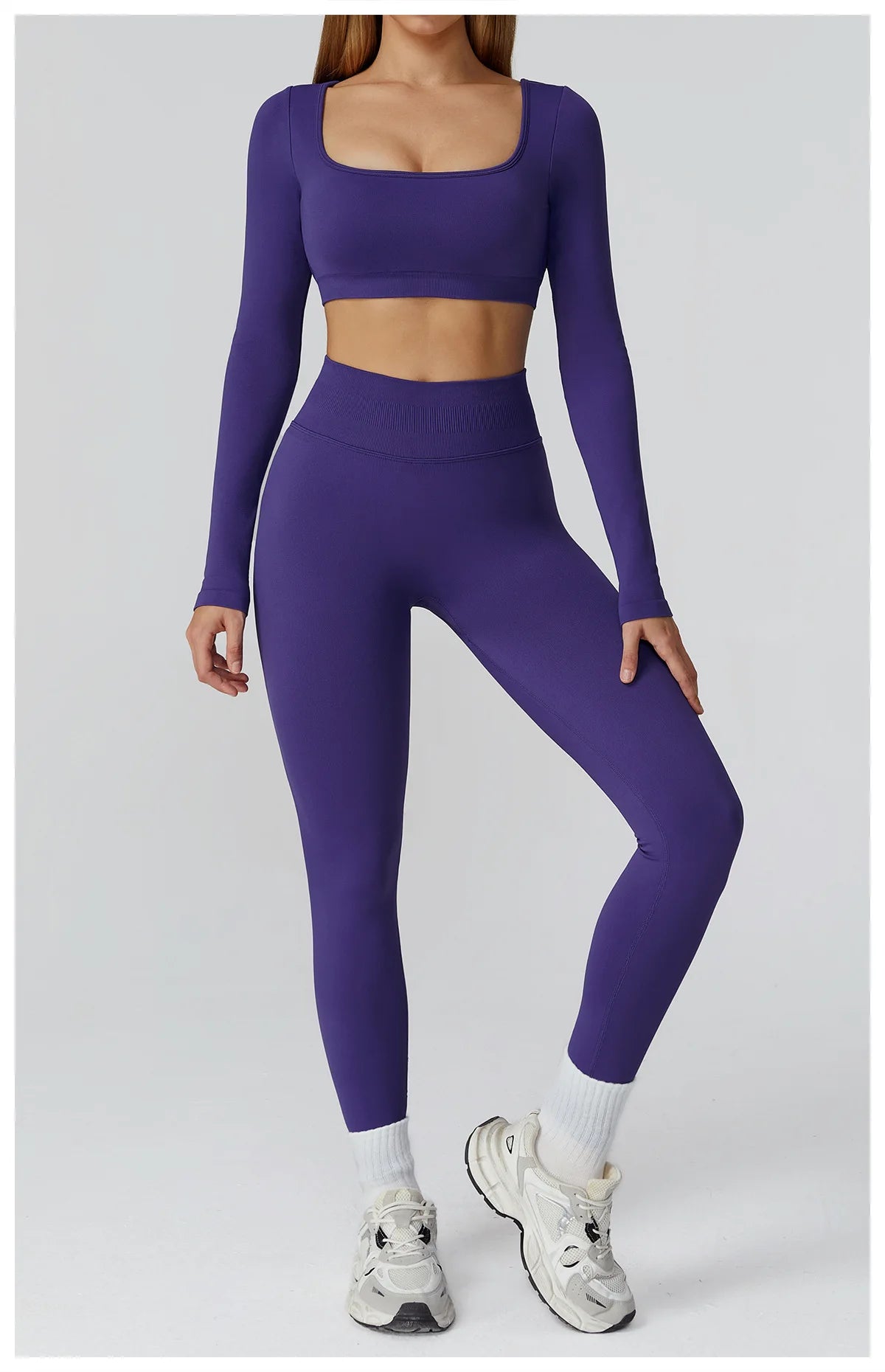 Xooie Fit long sleeve crop top and leggings set in purple for stylish and comfortable workouts