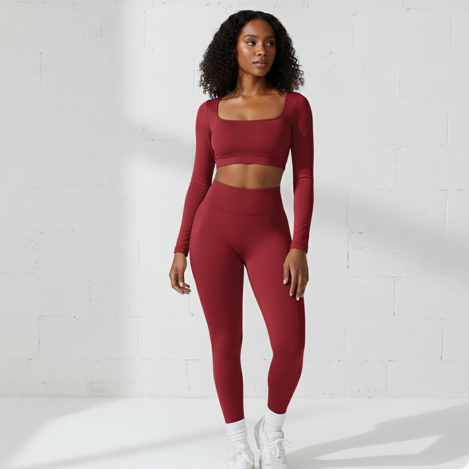 Xooie Fit long sleeve crop top and leggings set in burgundy, perfect for workouts and casual wear