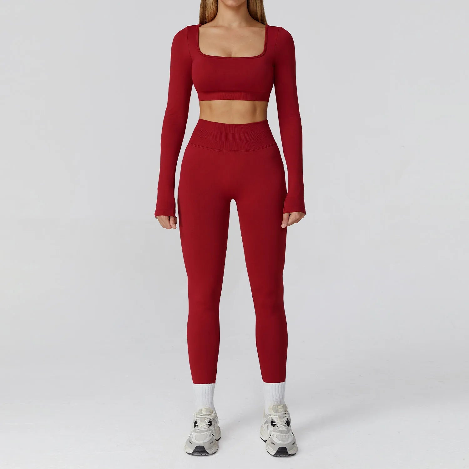 Xooie Fit long sleeve crop top and leggings set in red perfect for workouts and casual wear