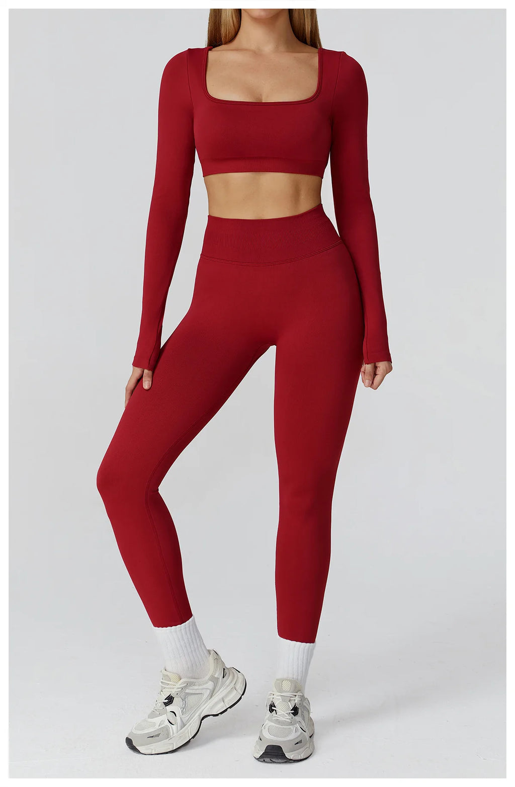 Red long sleeve crop top and leggings set from Xooie Fit, perfect for activewear and stylish workouts