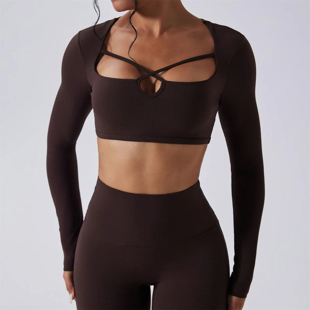Brown long sleeve crop top for women with a stylish cutout design and comfortable fit