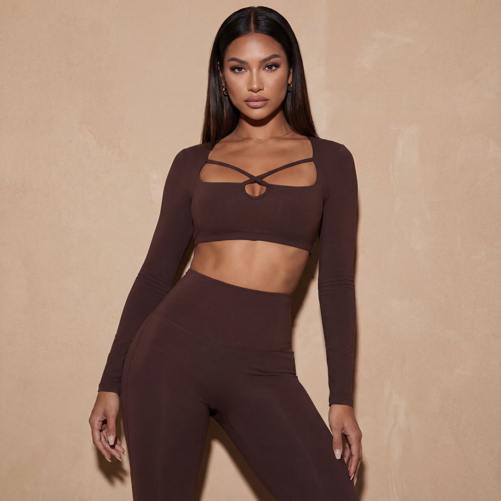 Xooie Fit Long Sleeve Crop Top for Women in Brown with Stylish Cross-Back Design