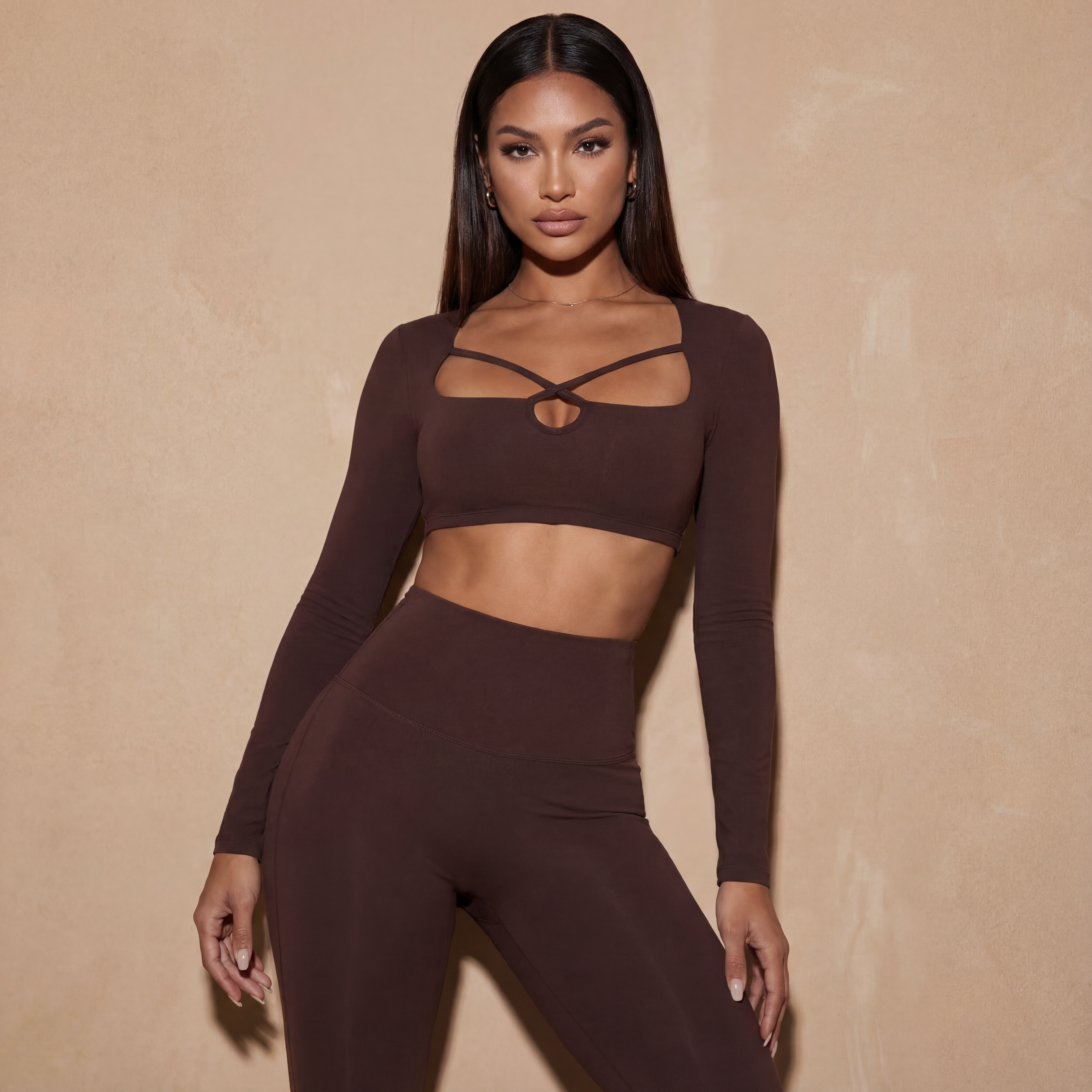 Xooie Fit Long Sleeve Crop Top for Women in Brown with Stylish Cross-Back Design