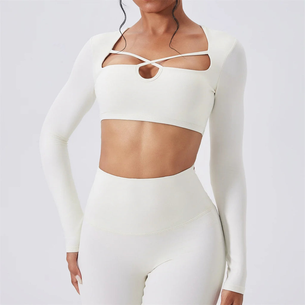 Xooie Fit long sleeve crop top for women in cream with stylish cut-out design