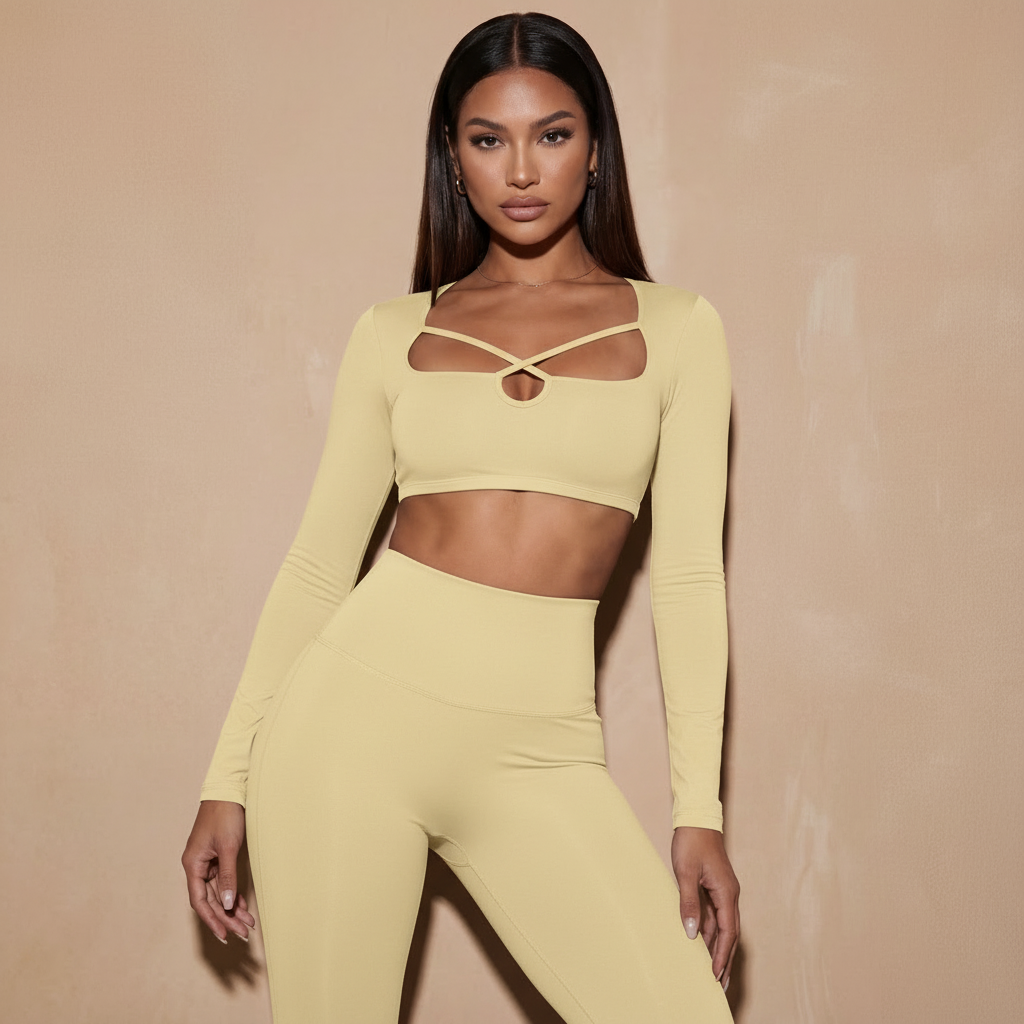 Xooie Fit Long Sleeve Crop Top for Women in Soft Yellow with Unique Cutout Design