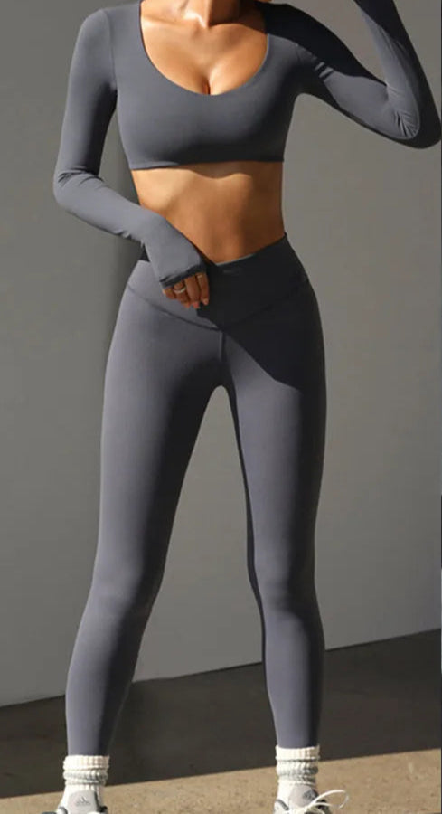 Xooie Fit long sleeve crop top leggings set in gray, perfect for workouts and casual wear