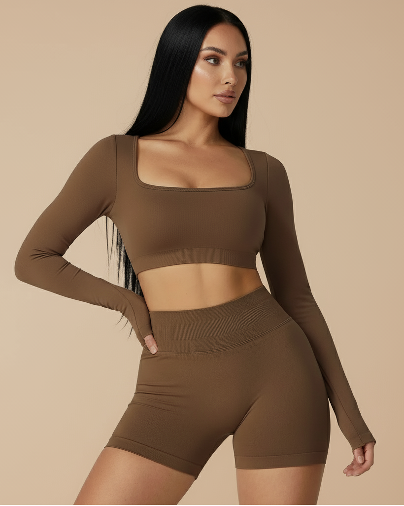 Xooie Fit long sleeve gym crop top and shorts set in brown for stylish workouts
