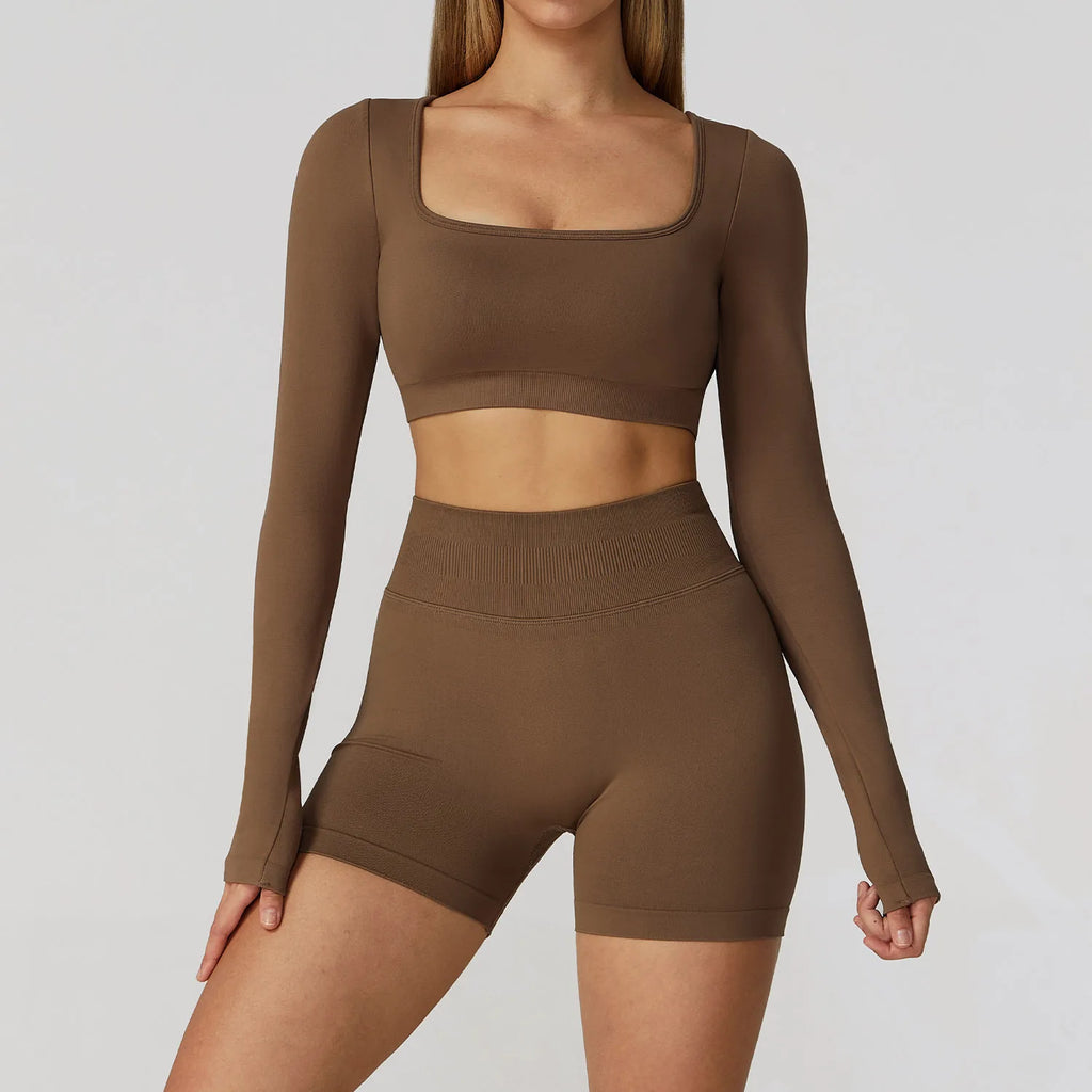 Xooie Fit long sleeve gym crop top and shorts set in brown for stylish workout comfort