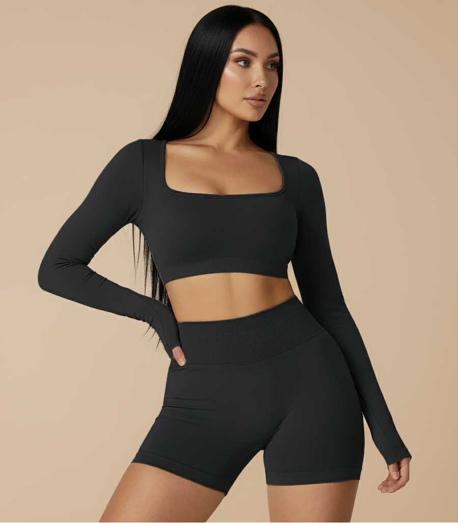 Xooie Fit long sleeve gym crop top and shorts in black for stylish workout outfits