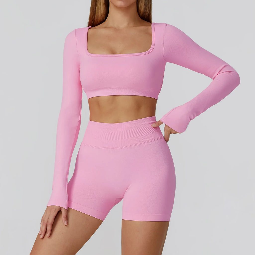 Xooie Fit long sleeve gym crop top and shorts in soft pink for comfortable workouts