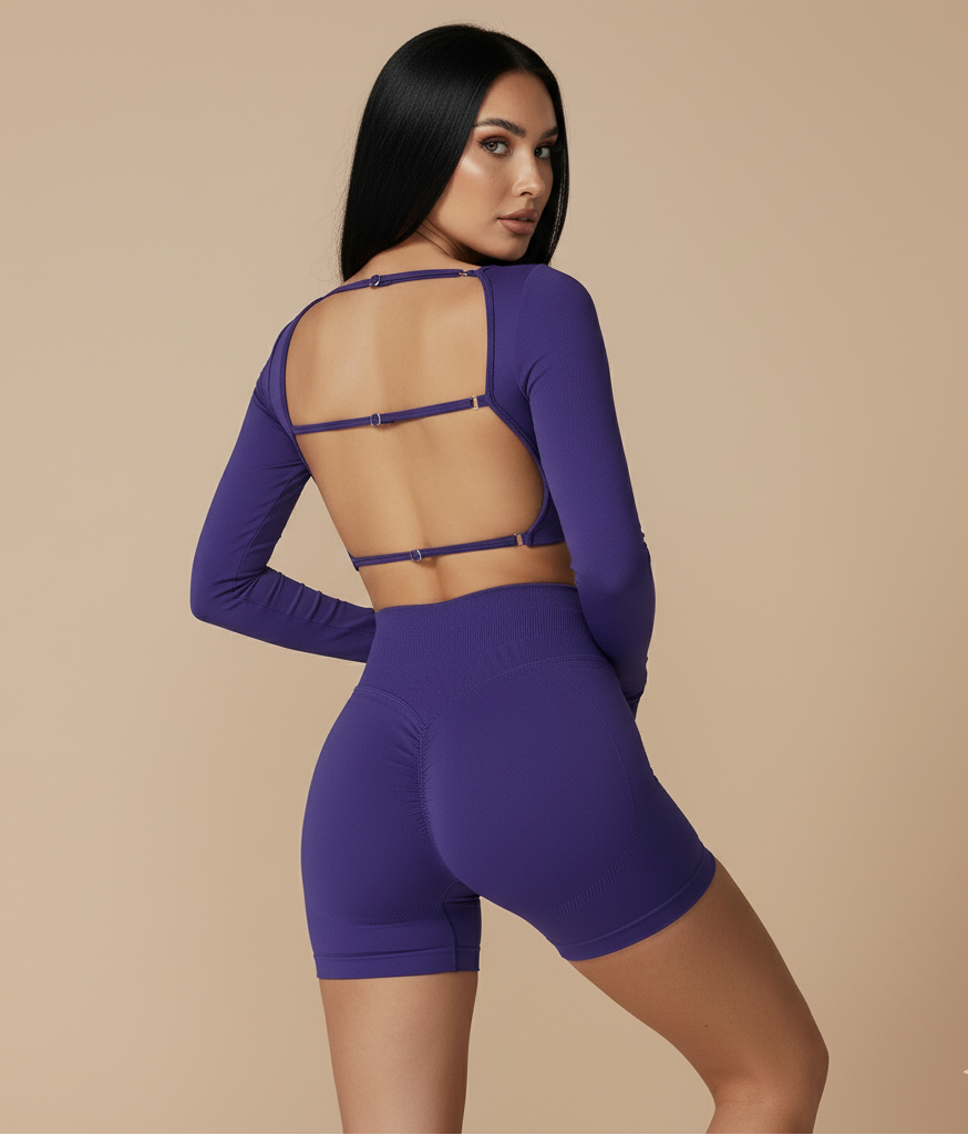 Xooie Fit long sleeve gym crop top and shorts in purple showcasing stylish back design