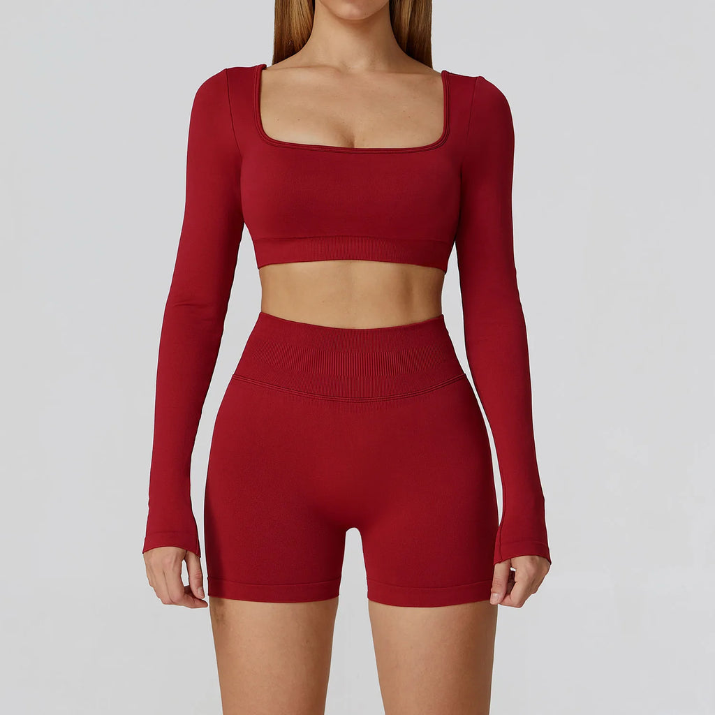 Xooie Fit long sleeve gym crop top and shorts set in red for comfortable workouts