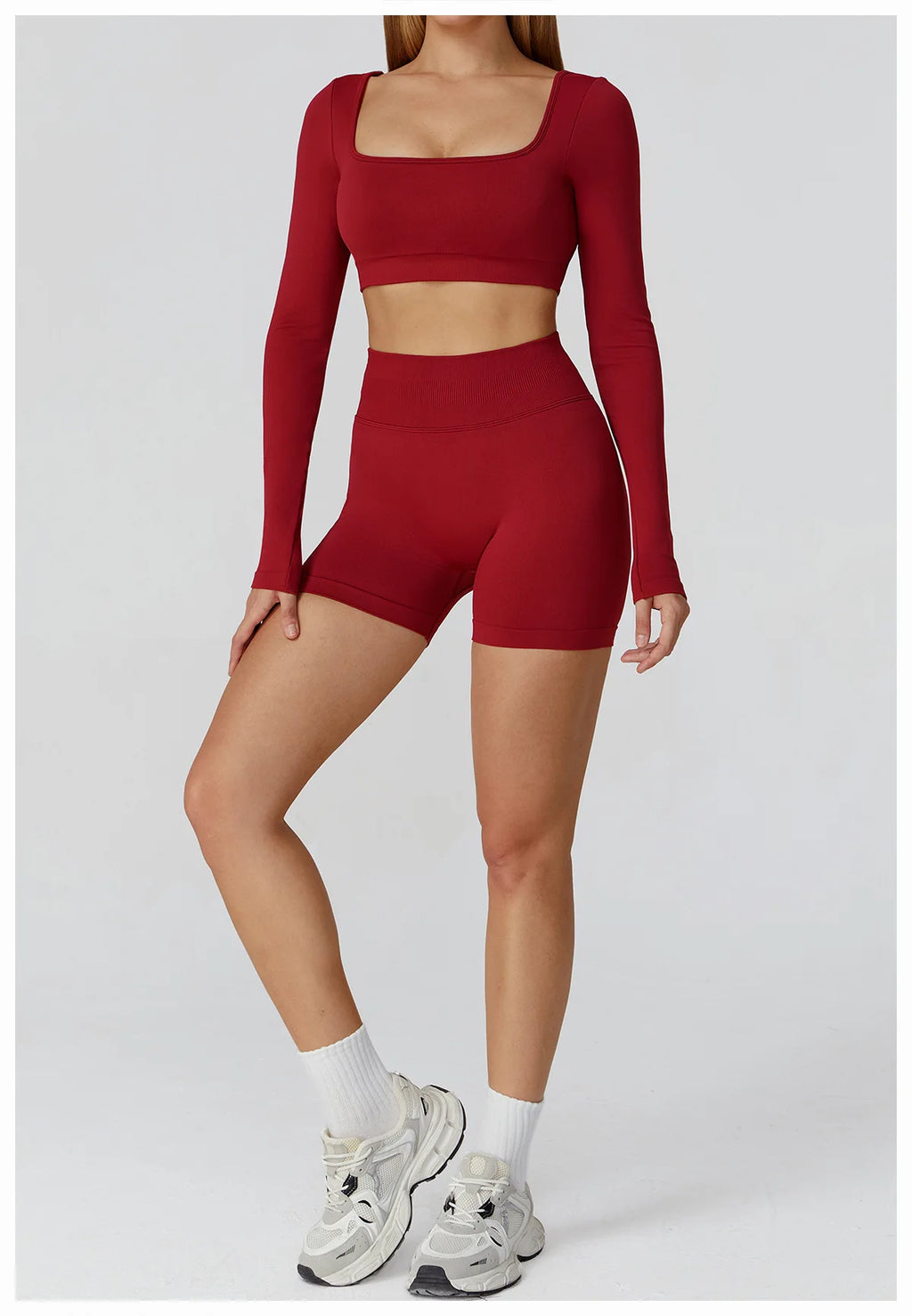 Xooie Fit long sleeve gym crop top and shorts set in burgundy for stylish workouts