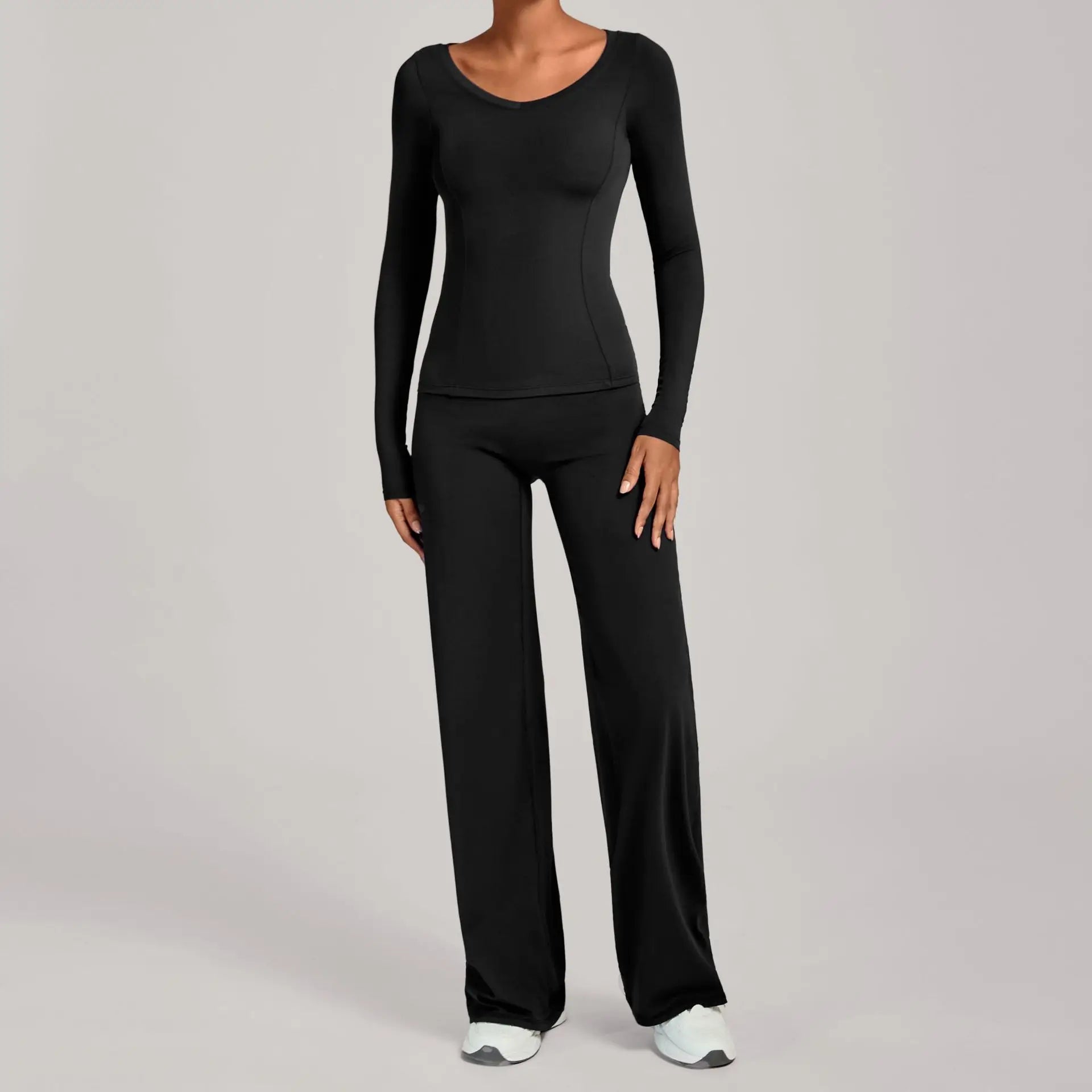 Xooie Fit long sleeve shirt flare pants set in black for comfortable casual wear