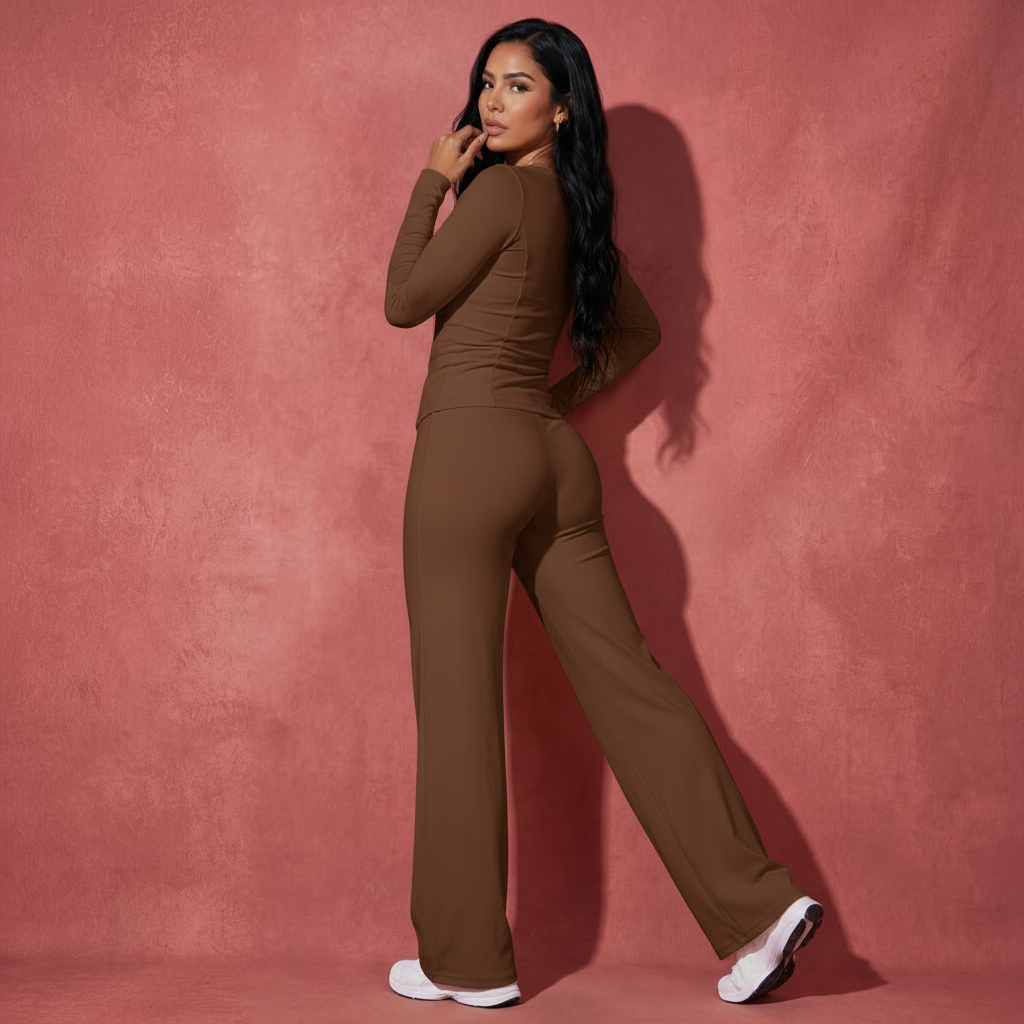 Xooie Fit long sleeve shirt flare pants set in brown, offering stylish comfort for casual wear