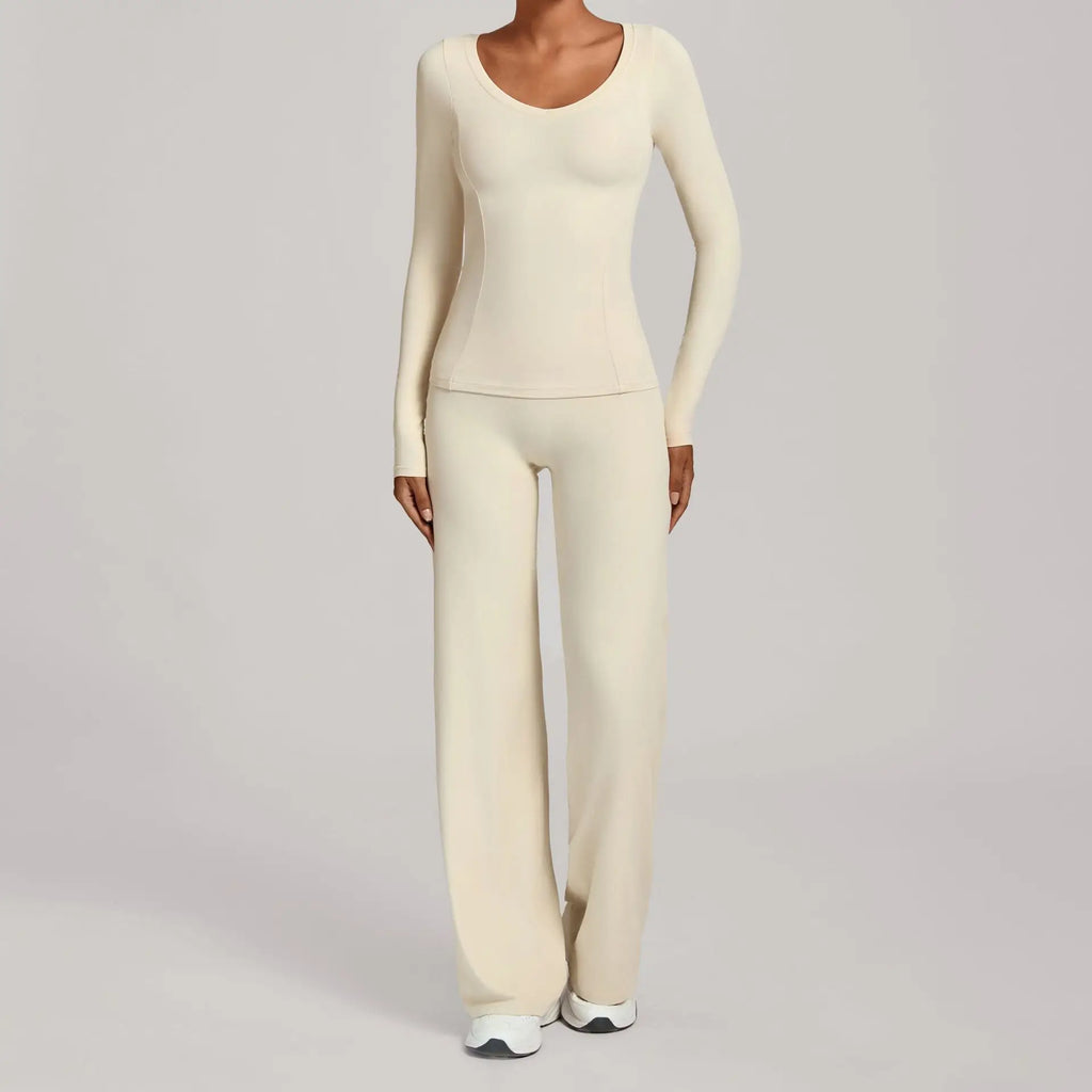Xooie Fit long sleeve shirt flare pants set in cream for a comfortable and stylish look