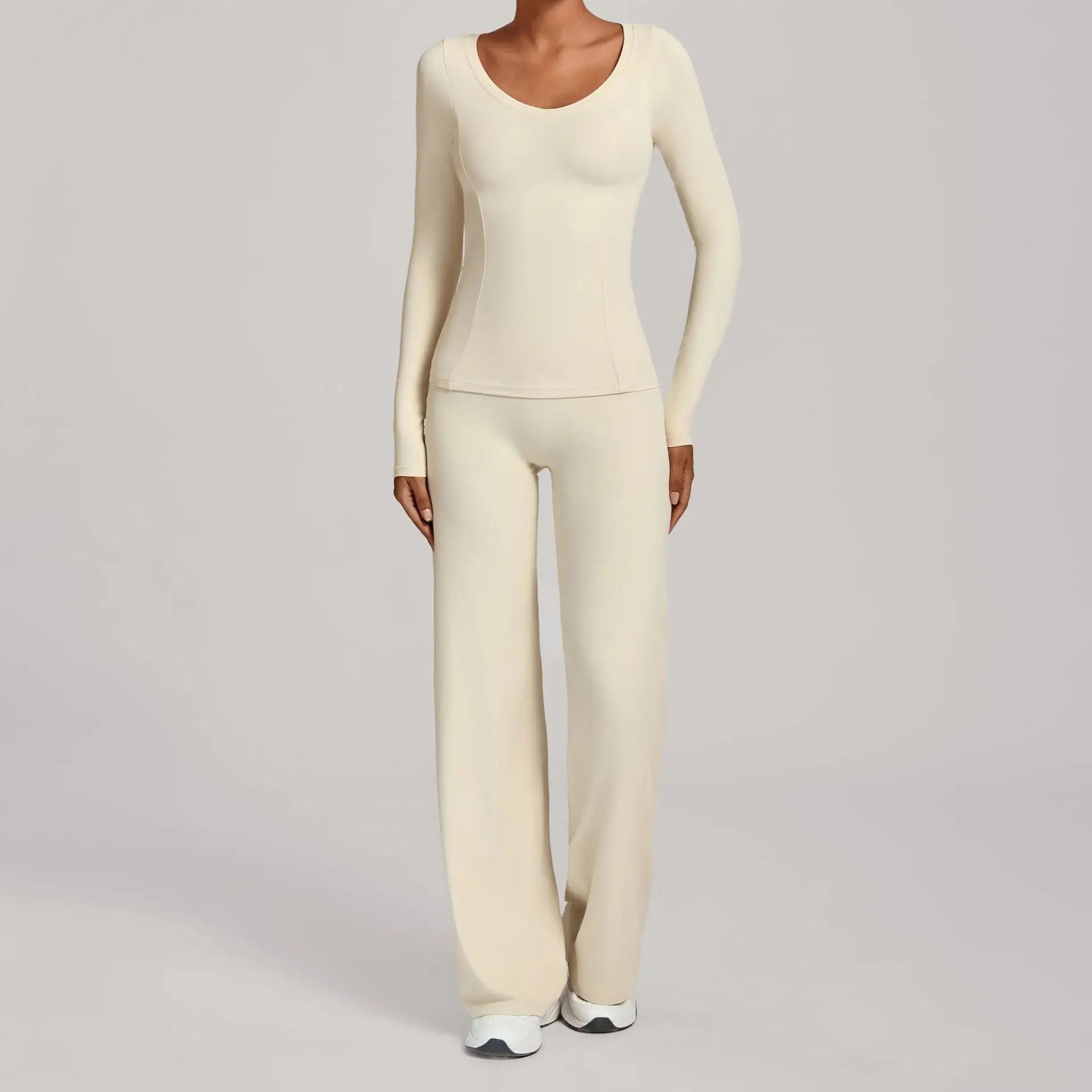 Xooie Fit long sleeve shirt flare pants set in cream for a comfortable and stylish look