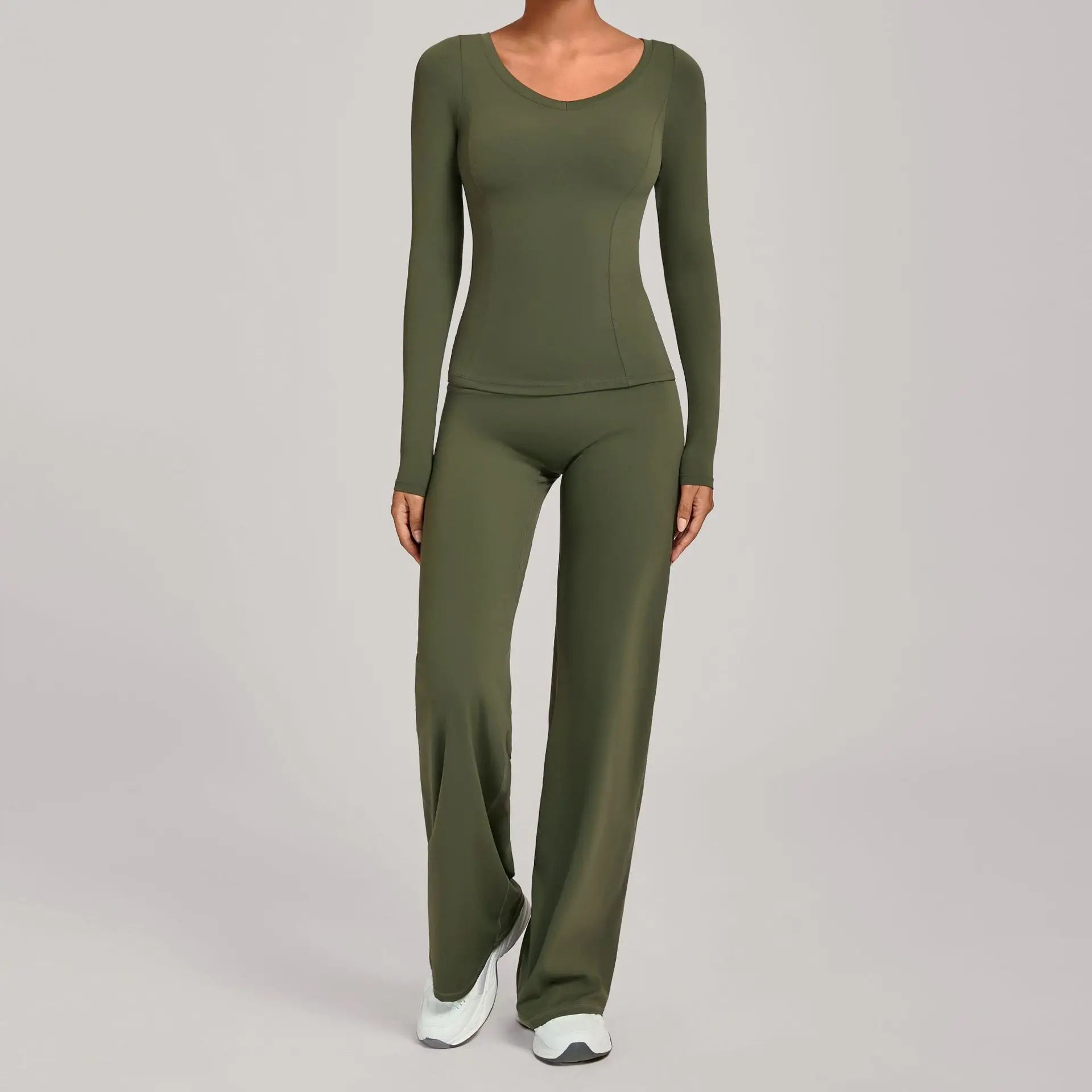Xooie Fit long sleeve shirt flare pants set in olive green for comfortable casual wear