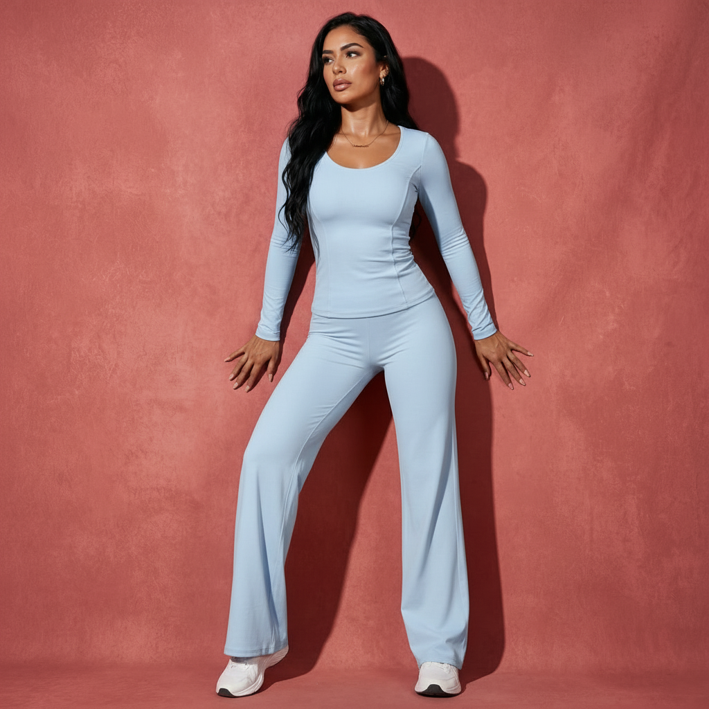 Light Blue long-sleeve active shirt and flare pants matching set, full-body front view