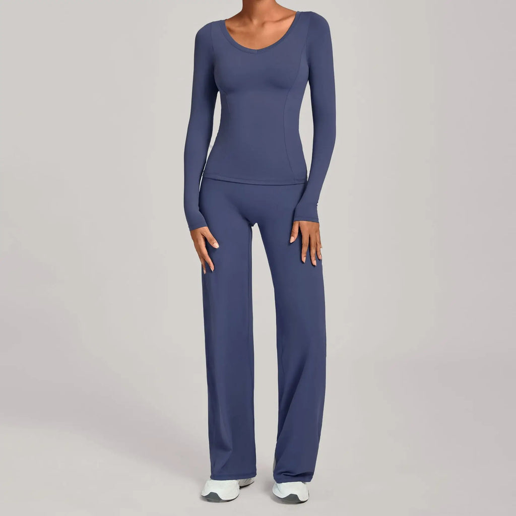 Xooie Fit long sleeve shirt flare pants set in navy blue for comfortable and stylish lounging