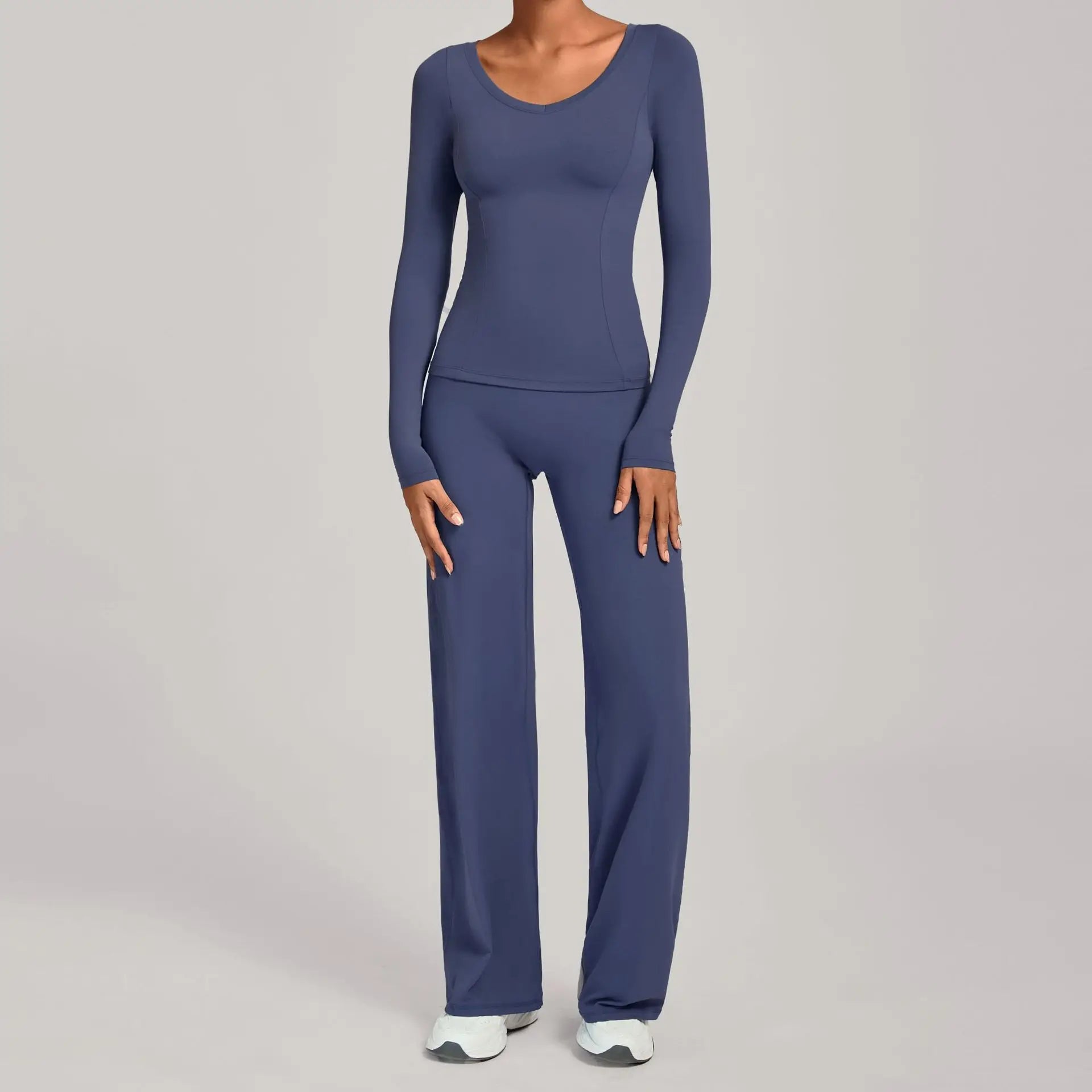 Xooie Fit long sleeve shirt flare pants set in navy blue for comfortable and stylish lounging