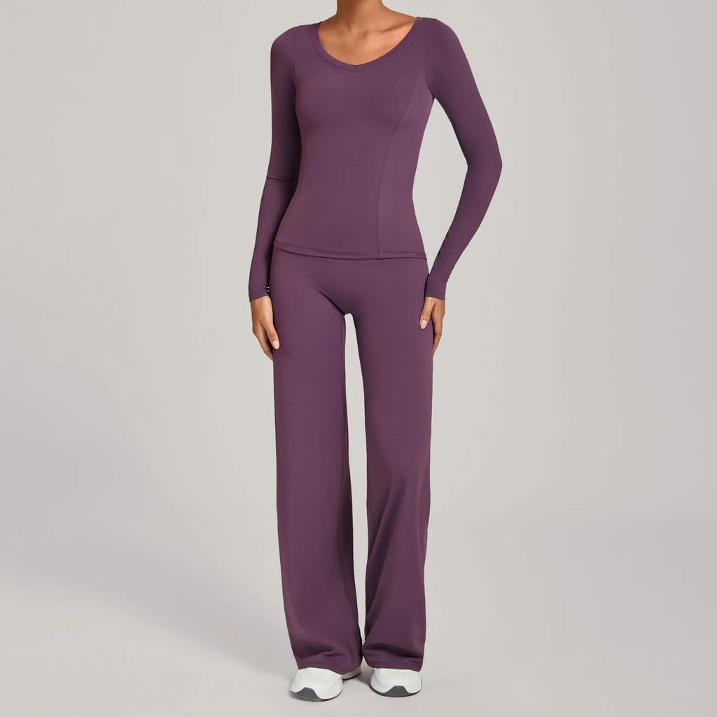 Xooie Fit long sleeve shirt flare pants set in purple, ideal for casual and athletic wear