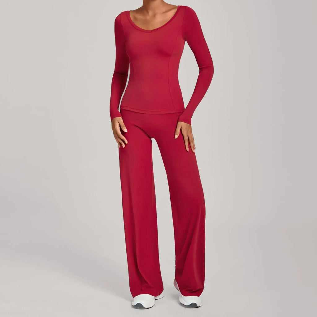 Xooie Fit long sleeve shirt flare pants set in red, perfect for casual outings or workouts