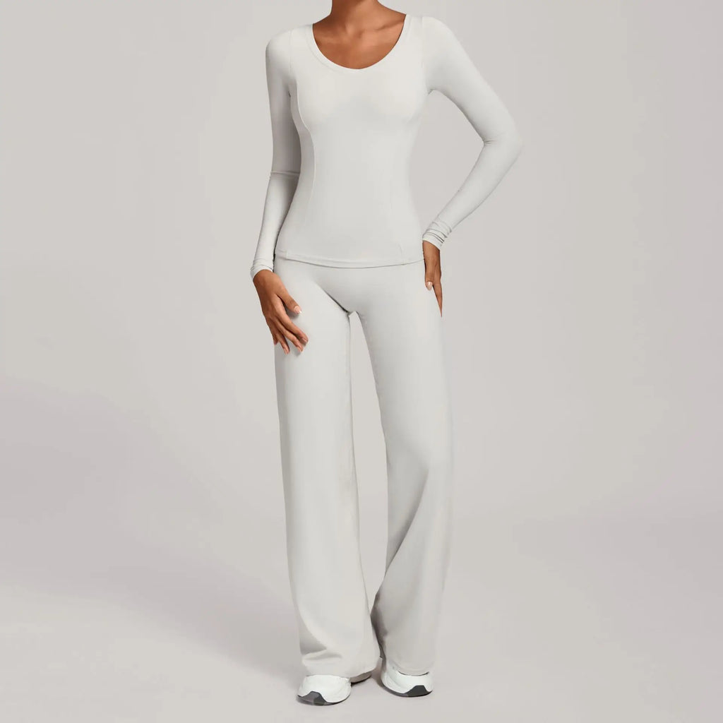Xooie Fit long sleeve shirt flare pants set in white, perfect for casual and comfortable wear