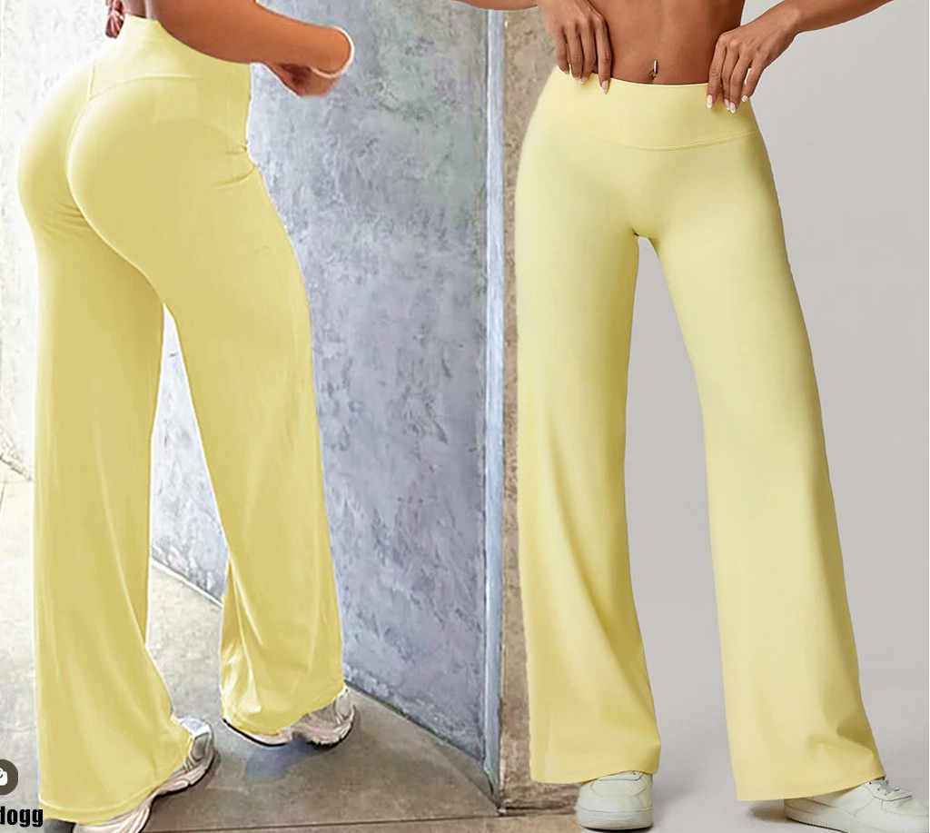 Xooie Fit long sleeve shirt flare pants set in soft yellow for a stylish and comfortable look