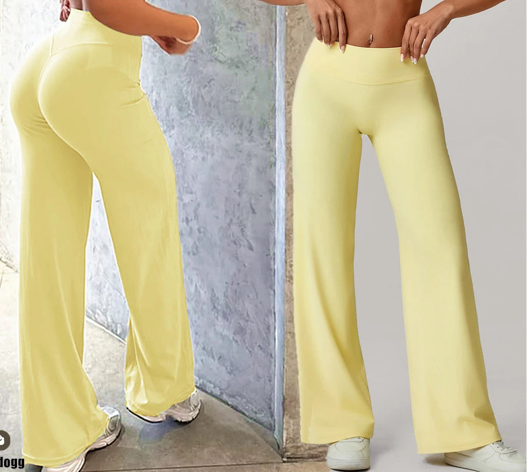 Xooie Fit long sleeve shirt flare pants set in soft yellow for a stylish and comfortable look