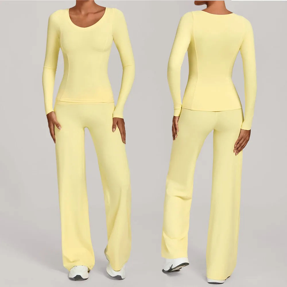 Xooie Fit long sleeve shirt flare pants set in soft yellow for stylish and comfortable wear
